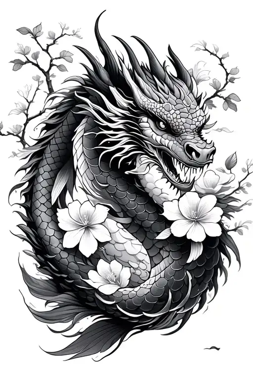 Japenese Dragon With Koi Fish And Flowers And Blossom Trees