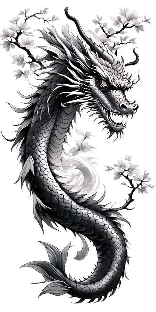 Japenese Dragon With Koi Fish And Flowers And Blossom Trees For Arm
