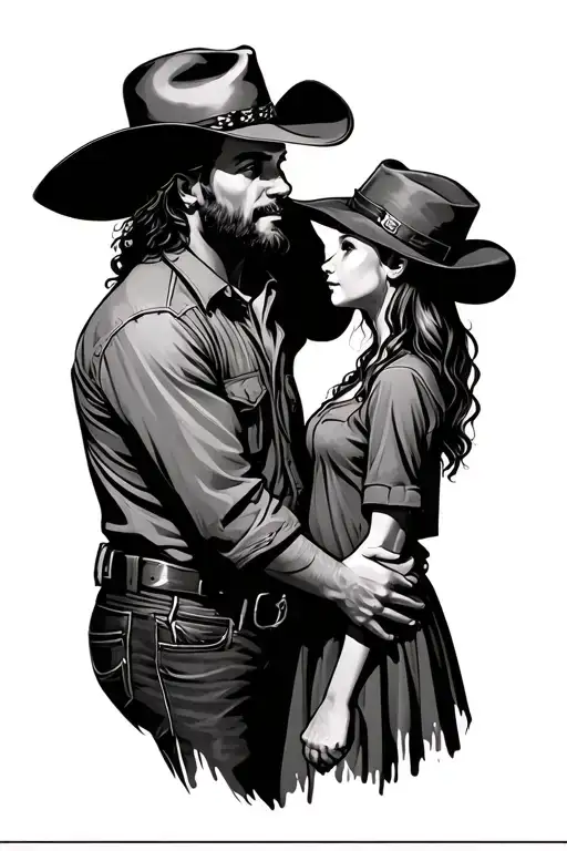 Cowboy With To Daughter Holding Hands