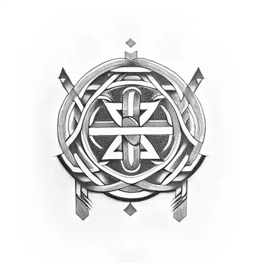 A Black-grey Tattoo Featuring A Greek Symbol Intertwined With A Biological Structure