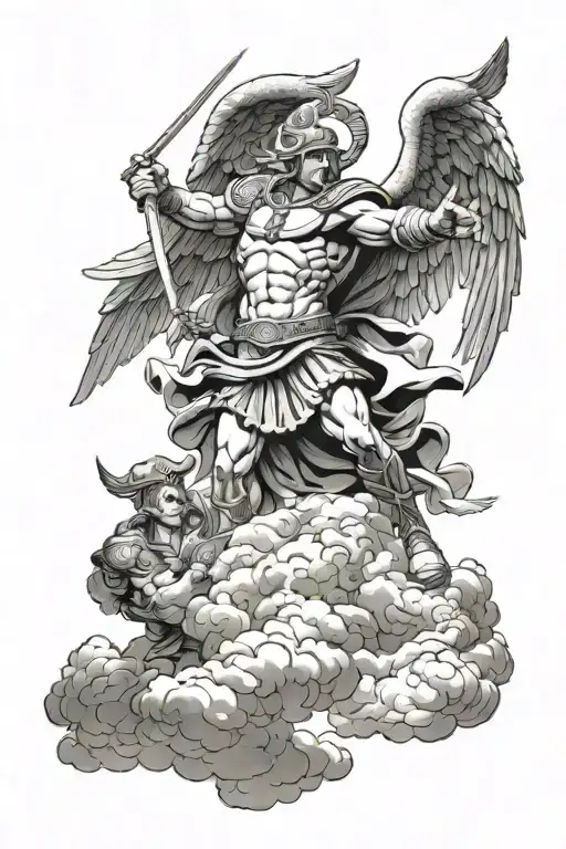 Michael Archangel And Spartan In The Clouds Fighting Demons