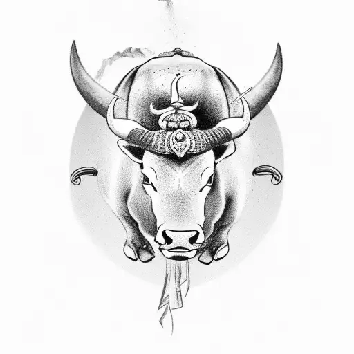 A Black-grey Tattoo Showcasing A Jallikattu Bull Charging Through A Bike