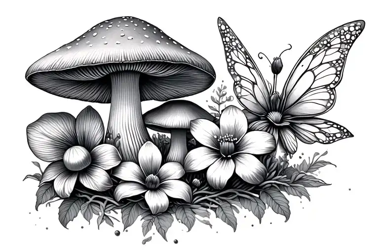 Mushrooms And Flowers And Fairy
