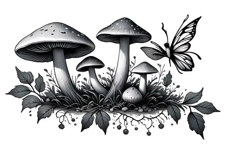 Mushrooms And Leaves And Fairy Flying