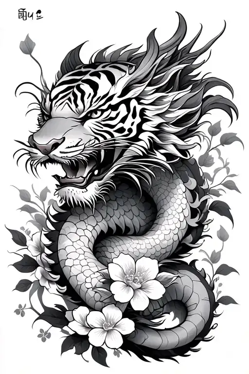 Korean Dragon With Tiger And Korean National Flowers
