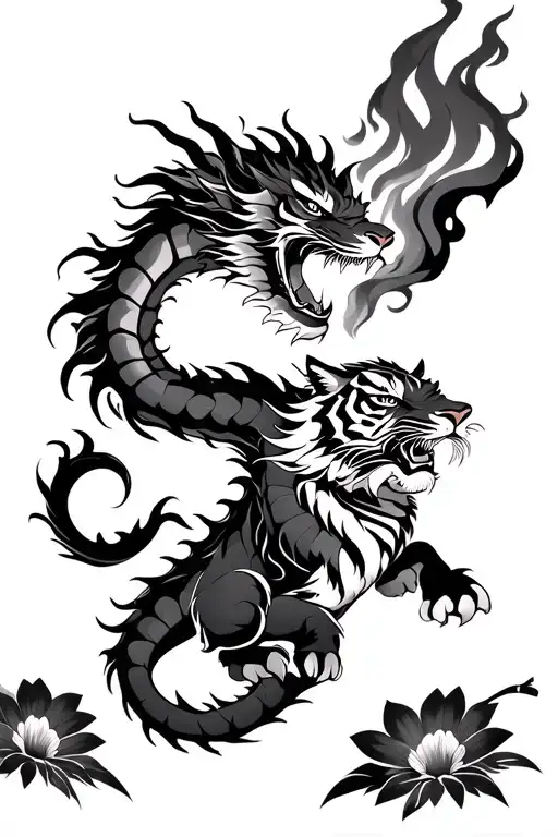 Korean Dragon Breathing Fire With Tiger Near It And Korean National Flowers Surrounding It