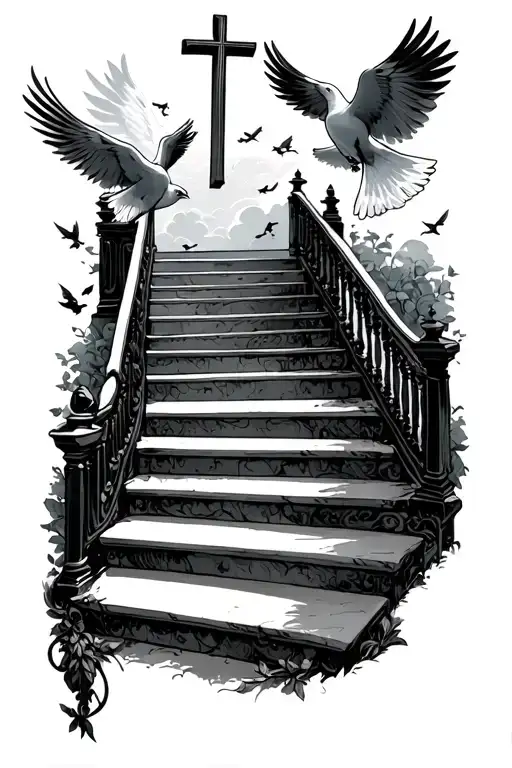 Stairway To Heaven With Doves And Cross At The Top