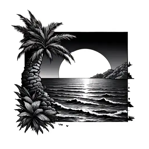 Fineline Tattoo With A Sunset Over The Ocean And Portuguese Tiles