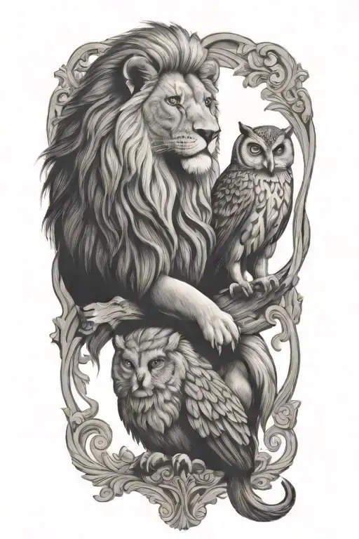 Lion And Owl Perched