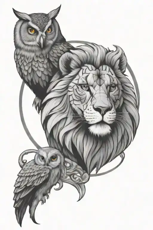 Lion And Owl Perched