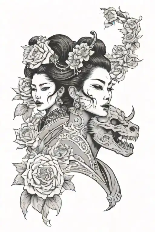 Geisha Woman With Oni Mask And Sugur Skull And Wolf With Skull And Roses Blooming