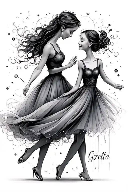 Abstract Line Drwaing Of A Mother And Daughter Dancing With The Name Gizella Connecting Them