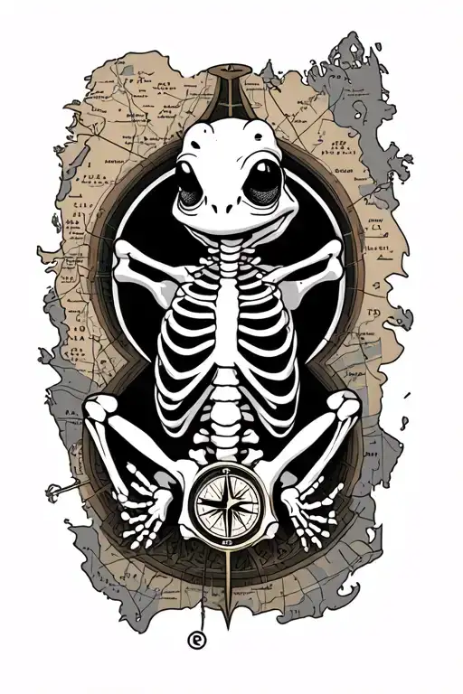 Nautical Map With Frog Skeleton And Compass