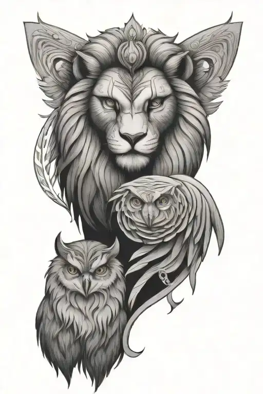 Left Side Lion Right Side Owl Perched