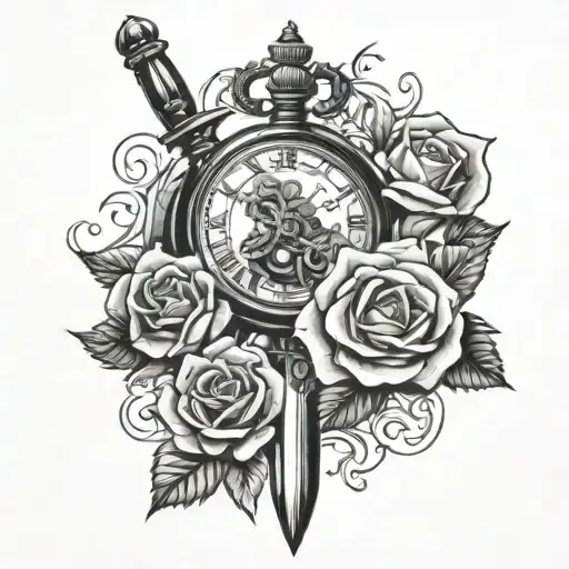 Dagger Breaking Pocket Watch And Roses