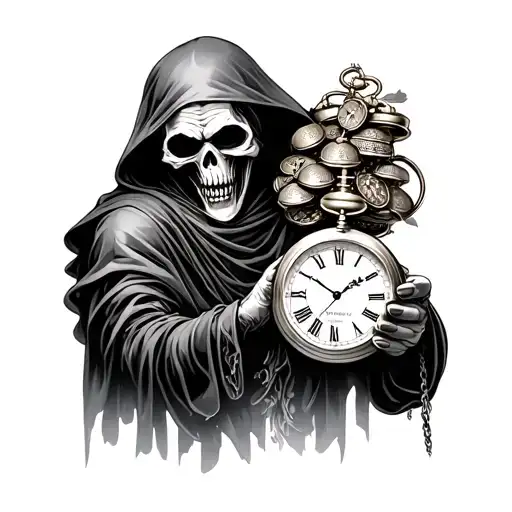 Grim Reaper Holding A Bunch Of Pocket Watches