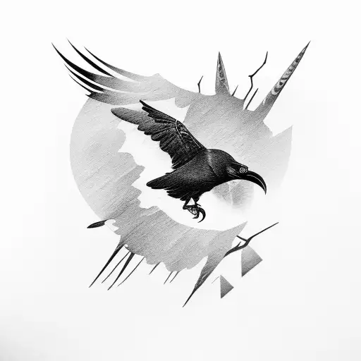 Raven With Spread Wings And Falling Feathers