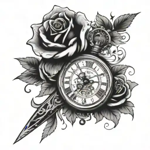 Dagger Breaking Pocket Watch And Roses Woman Holding