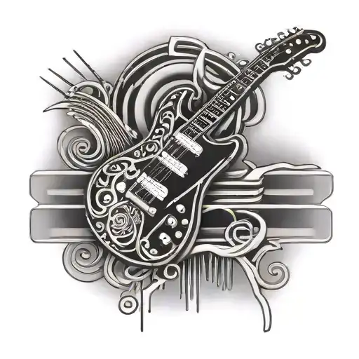 Electric Guitar Surrounded By Musical Notes And Piano Keys