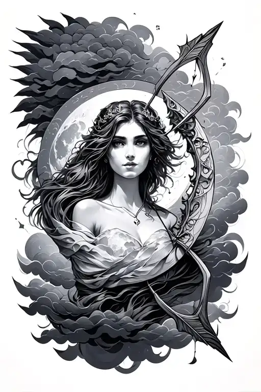 Artemis Moon Clouds Arrow Bow Abstract