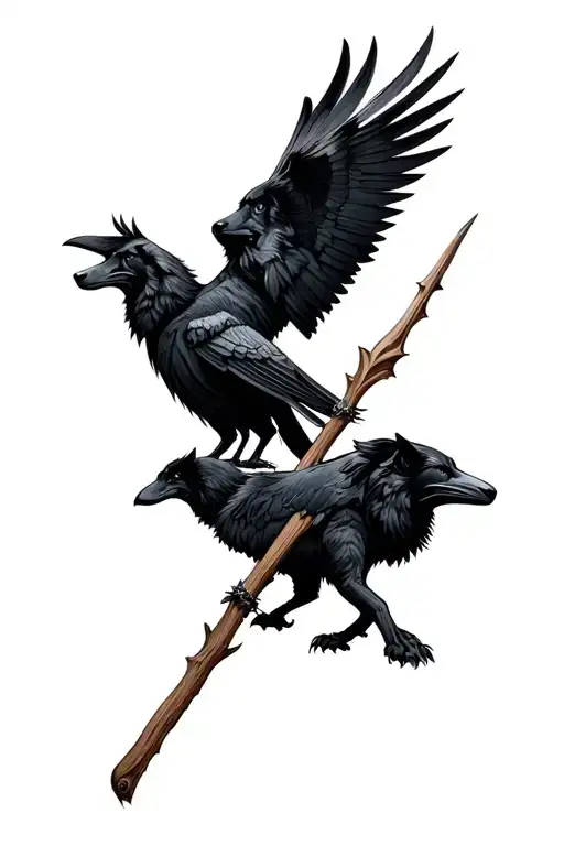 Wolves And Ravens Nordic Hugin Munin Hyper Realistic Wooden Staff