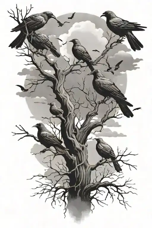 Leafless Tree With Crows And Pigeons With Clouds
