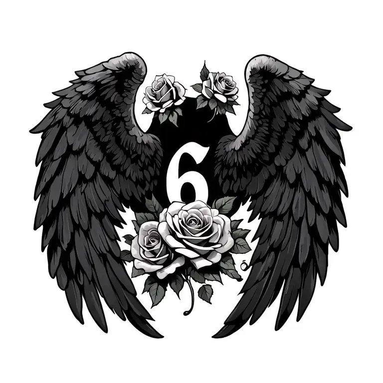 Wings With Roses And Number 6 On Chest
