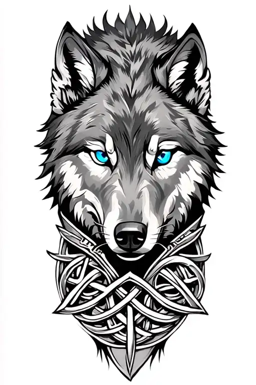 Wolf With Blue Eyes On Armor Tattoo Design Featuring Celtic Trinity Knot