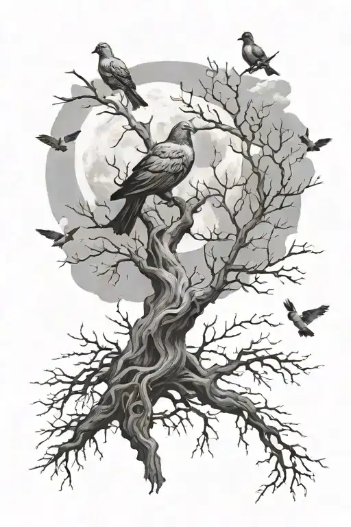 Leafless Tree With Pigeons With Clouds And Moon