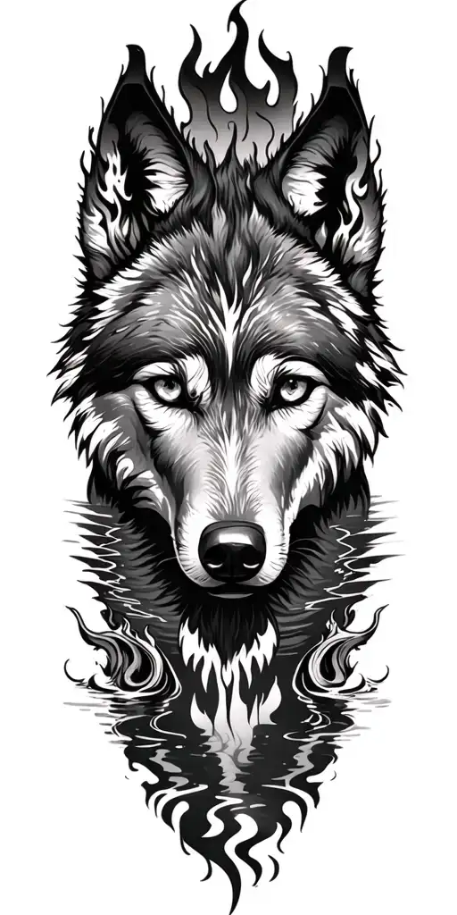 Wolf With Fire Flames In Eyes Tattoo Design Featuring Self Reflection In Lake
