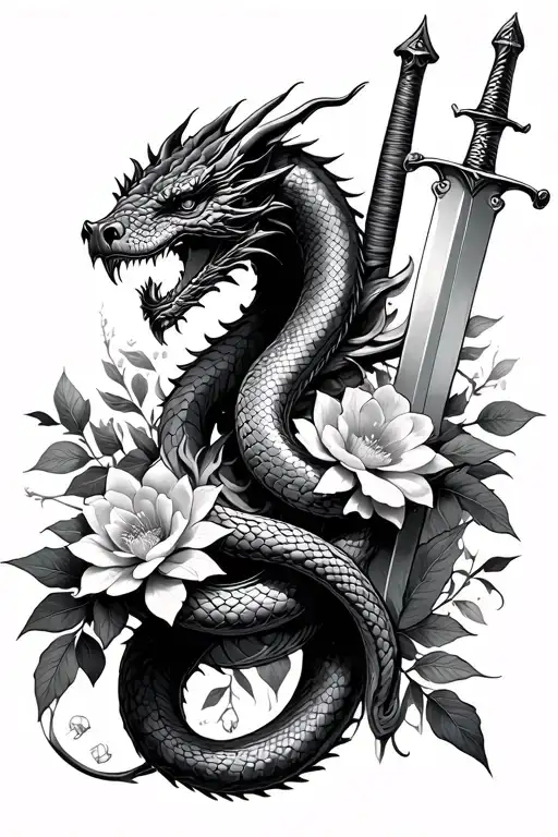 A Snake And Dragon Wrapped Around A Sword With Flowers And Leaves On It And Around It