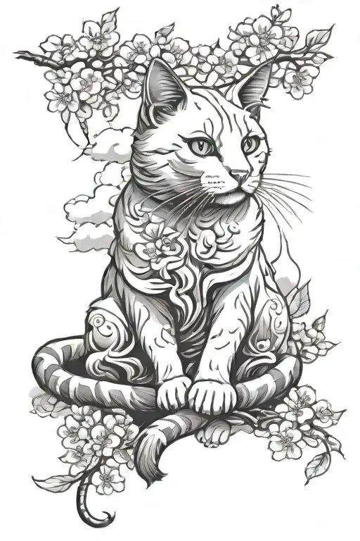 White Cat Sitting With Clouds And Cherry Blossoms