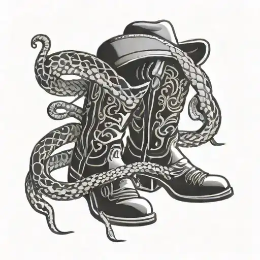 Create A Black And Grey American Traditional Cowboy Boot Tattoo With A Snake Inside Of The Boot