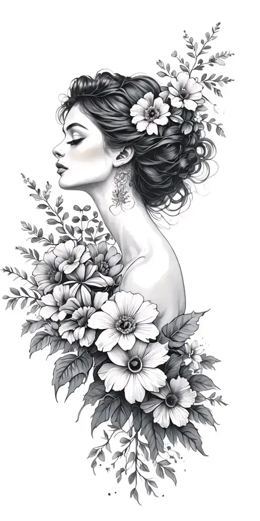 Woman And Flowers Growing