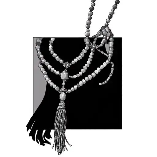 A 33 Beaded Necklace With An Elongated End That Has A Tassle Connected To It On A Arm