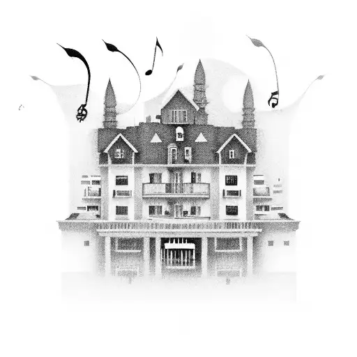 A Black And Grey Tattoo Of A Hotel Building With Musical Notes Floating Around It