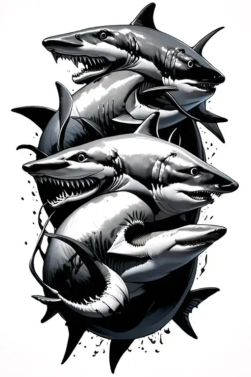 4 3D Sharks Chasing Each Other Wrapped Around My Forearm In Thin Black Lines
