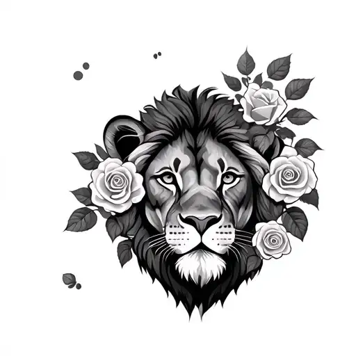 Lion Face Peeking Through Rose Bushes