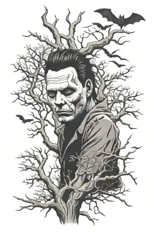 Micheal Myers Behind Lifeless Tree With Bats Flying