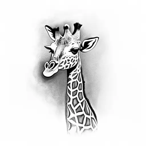 A Realistic Black And Grey Portrait Of A Giraffe Surrounded By Flowers