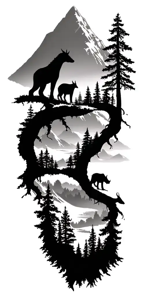 Mount Kilamanjaro With Forest And Animals Intertwined