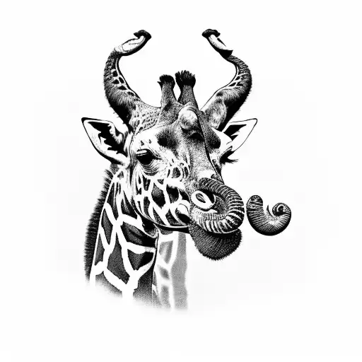 A Realistic Black And Grey Portrait Of A Giraffe & Elephant Surrounded By Flowers