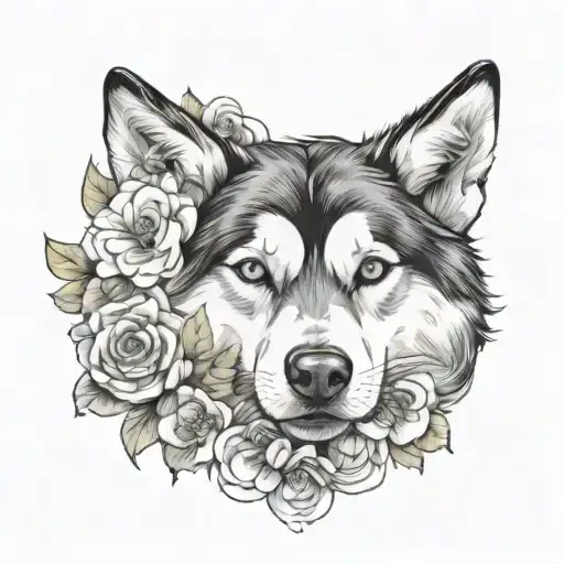 Husky Face With Clouds And Flower Growing