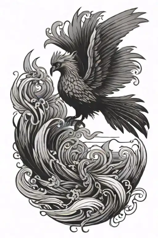 Minimalistic Tropical Phoenix Rising From The Ocean Scene