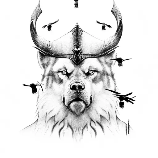 A Black And Grey Portrait Of Odin Surrounded By A Murder Of Crows