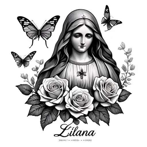 Virgin Mary With Roses And Buterflies And Name Liliana Under It Un Thick Cursive