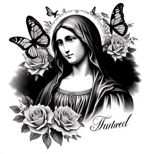 Virgin Mary Looks Like Her With Roses And Buterflies And Name Written