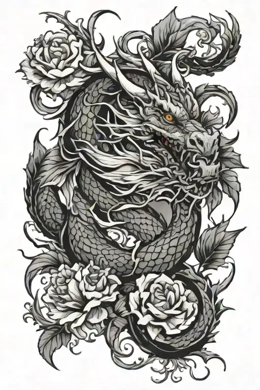 Dragon Through Flowers Intertwined