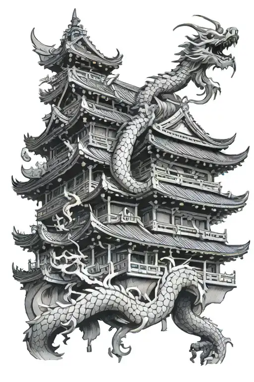 Japanese Temple With Dragon Flying