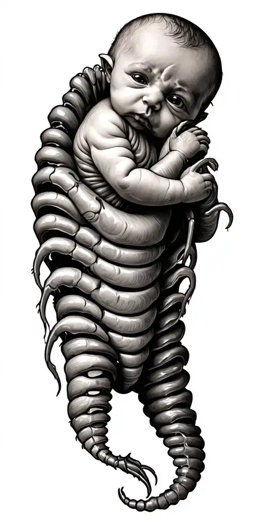 Maggot With Baby Head Tattoo Holding